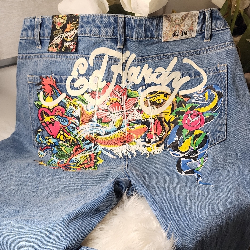 Ed Hardy Jeans Mens  Tattoo Baggy Low WaistY2K JNCO Light Wash size 34 new
